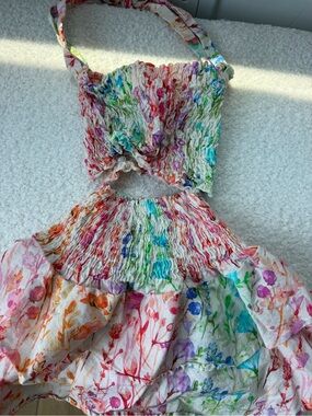 Girls Smocked Floral Halter Crop Top and Skirt Set - Multicolor